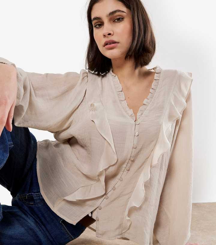 Apricot Stone Ruffle Trimmed V-Neck Shirt