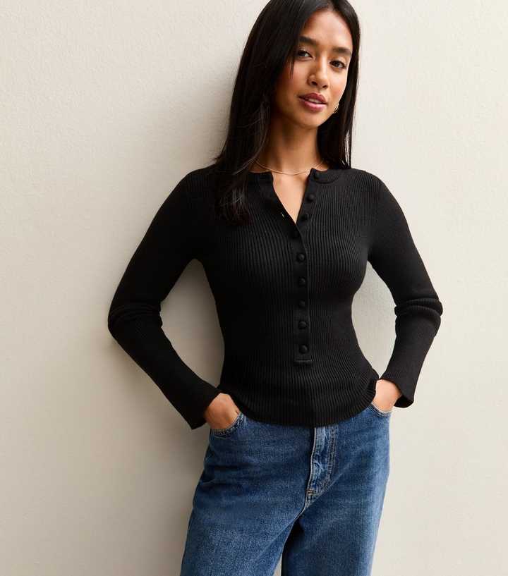 Petite Black Long Sleeve Henley Top