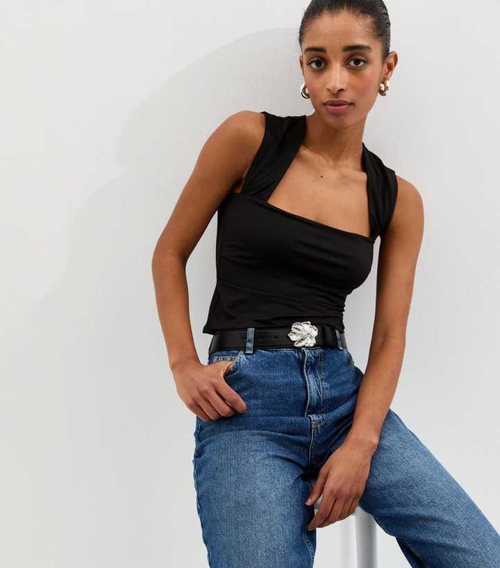Black Square Neck Slinky Vest Top