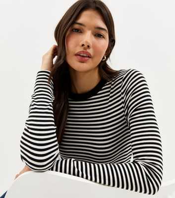 White Striped Long Sleeve Ribbed Crew Neck Top