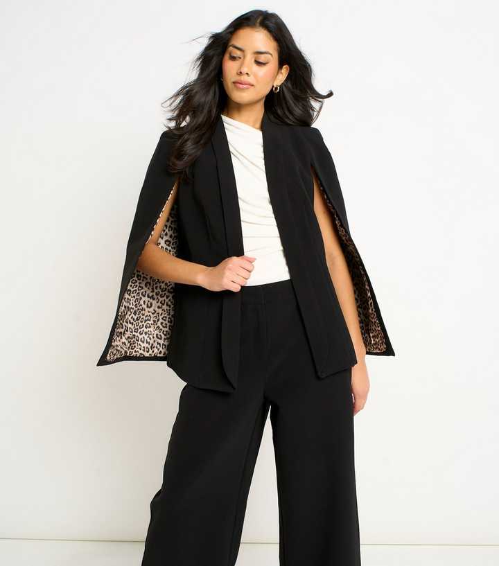 Gini London Black Contrast Animal Print Lining Cape Blazer
