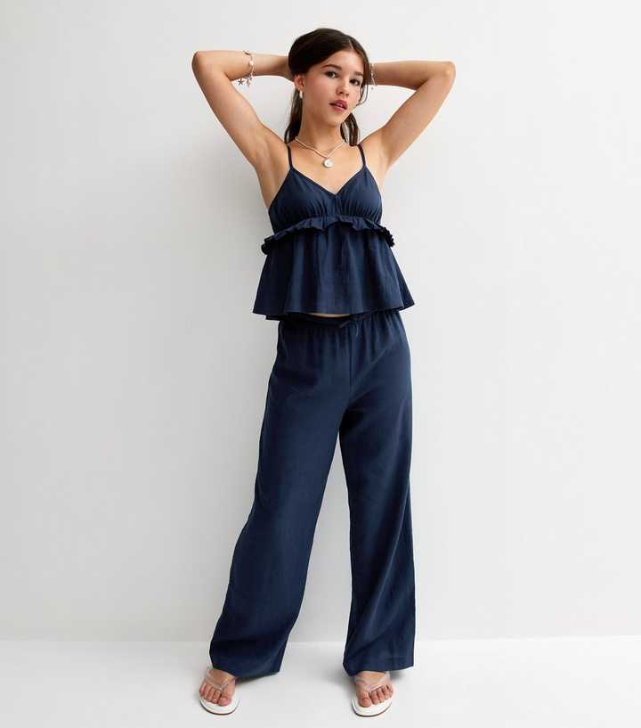 Girls Navy Linen Blend Wide Leg Trousers