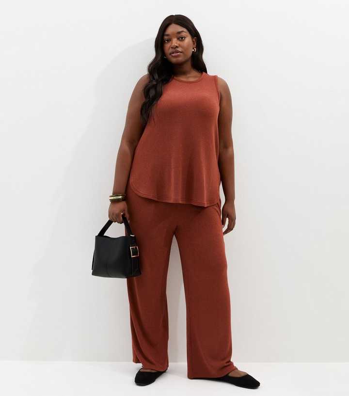 Curves Dark Red Textured Wide Leg Trousers