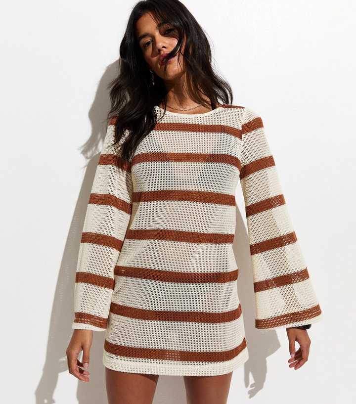 Brown Striped Scoop Back Crochet Knit Kaftan
