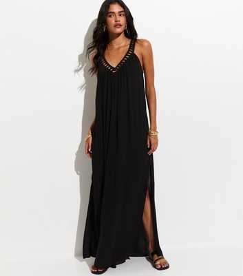 Black Crochet Trim V-Neck Beach Maxi Dress