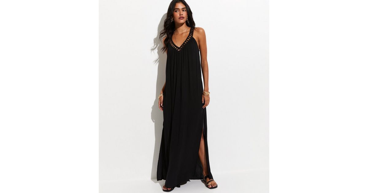 Black Crochet Trim V-Neck Beach Maxi Dress