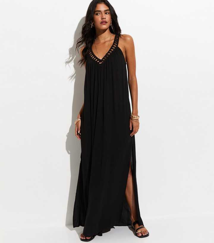Black Crochet Trim V-Neck Beach Maxi Dress | New Look