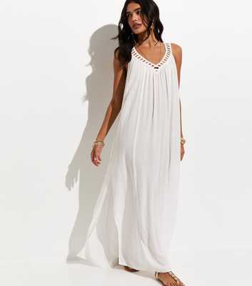 White Crochet Trim V-Neck Beach Maxi Dress