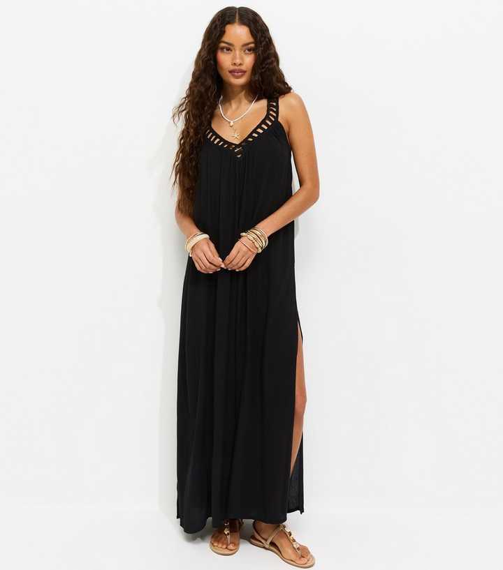 Petite Black Crochet Trim V-Neck Beach Maxi Dress
