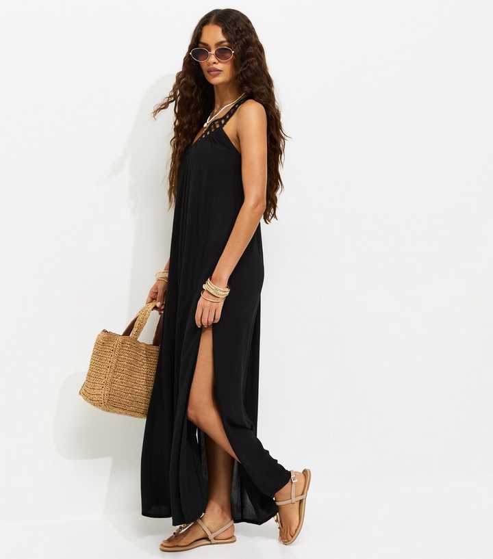 Petite Black Crochet Trim V-Neck Beach Maxi Dress | New Look