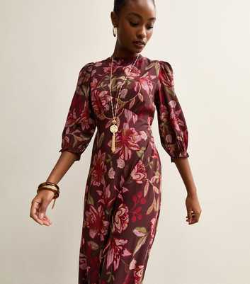 Purple Floral Cropped Sleeve MIdi Dress