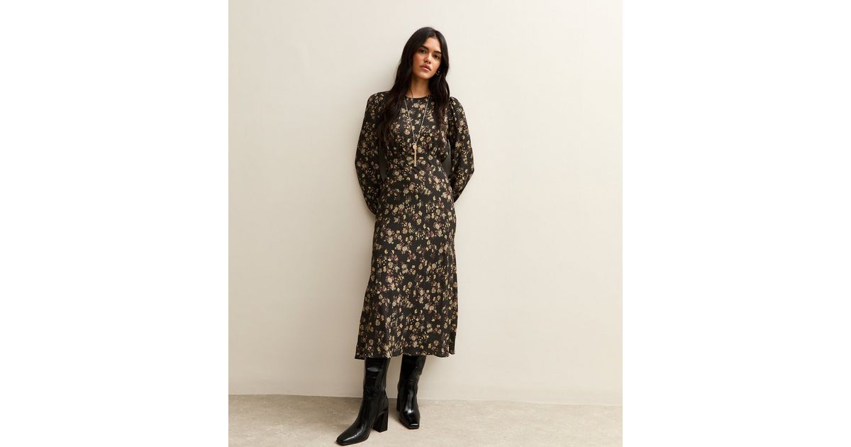 new look black floral midi dress New Look puff sleeve midi dress with side split in black floral