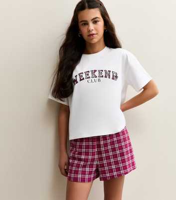 Girls White Weekend Club Print and Checked Shorts Pyjama Set