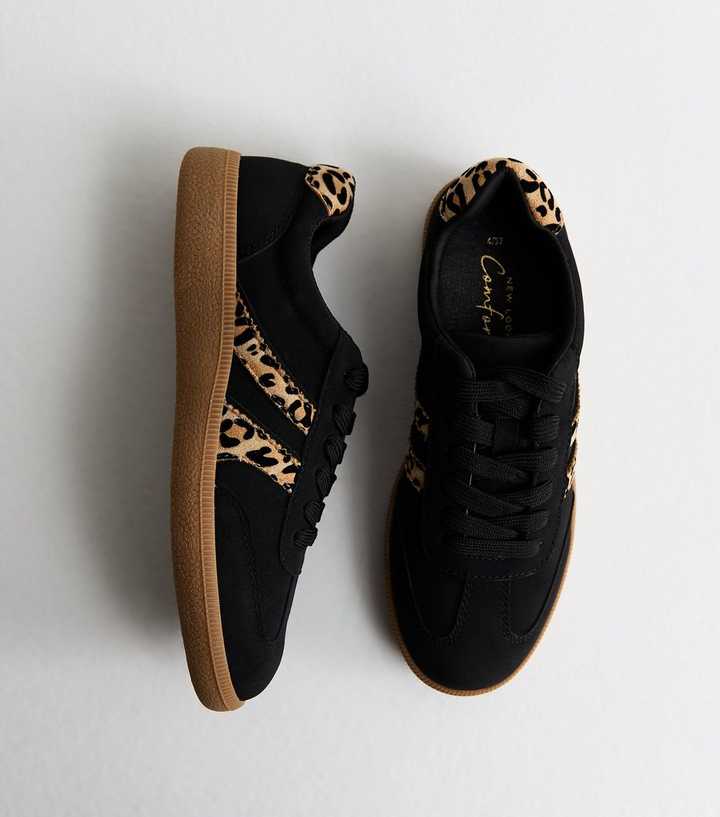 Black Faux Suede Leopard Side Stripe Trainers