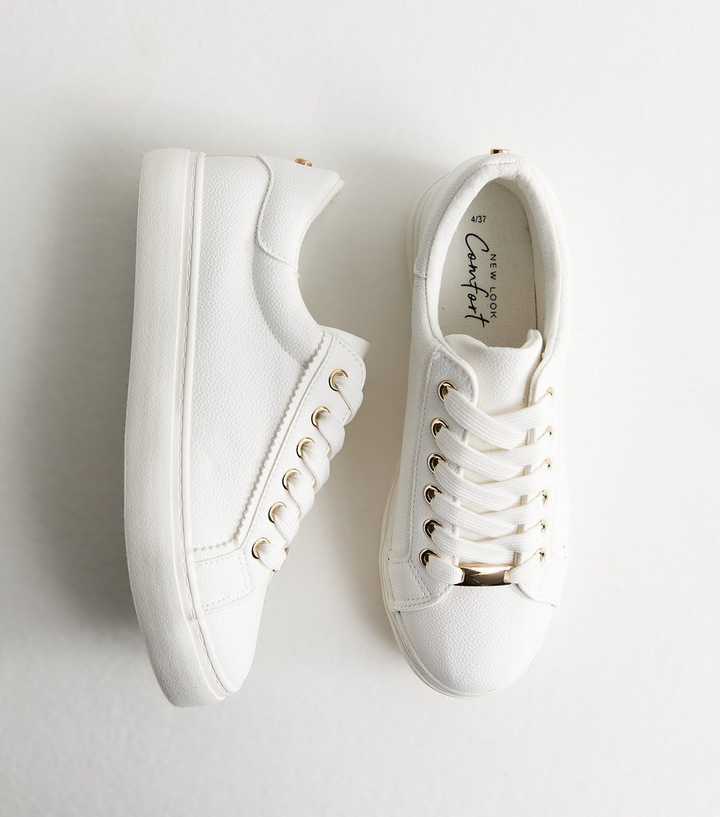 White Grained Faux Leather Lace Up Trainers