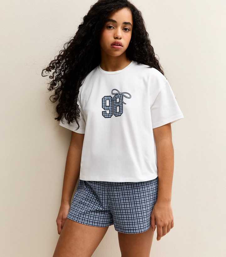 Girls Navy Check T-Shirt and Shorts Pyjama Set