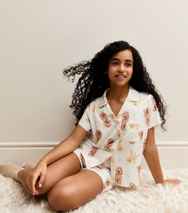 Girls White Cockapoo Print Shirt and Shorts Pyjama Set