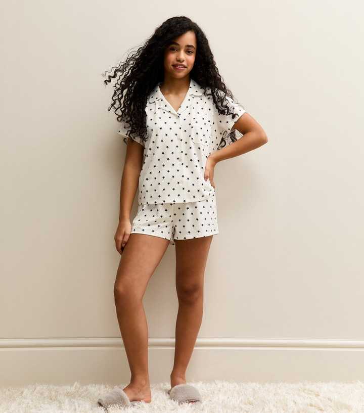 Girls White Star Print Shirt and Shorts Pyjama Set
