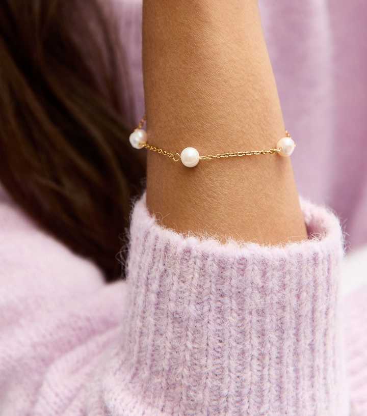Gold Tone Waterproof Faux Pearl Chain Bracelet