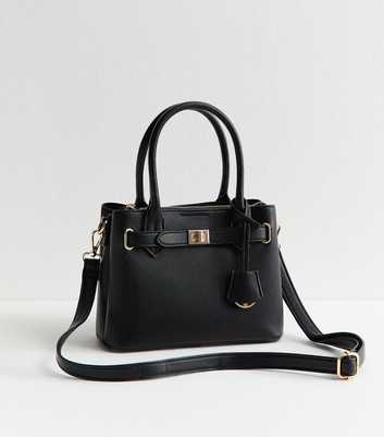Black Faux Leather Mini Triple Compartment Tote Bag