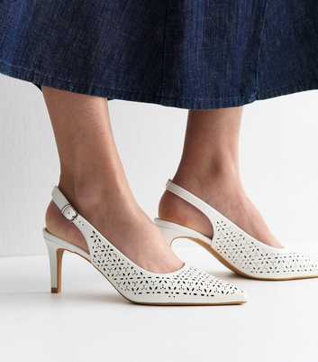 White Faux Leather Floral Cut Out Slingback Court Heels