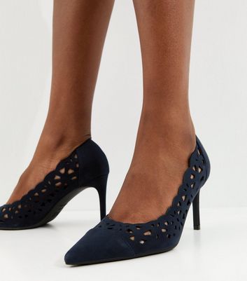Navy Faux Suede Laser Cut Court Shoes