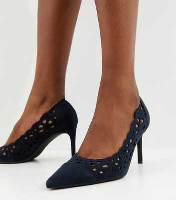 Navy Faux Suede Laser Cut Court Shoes
