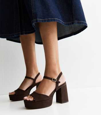 Brown Faux Suede Platform Block Heel Sandals