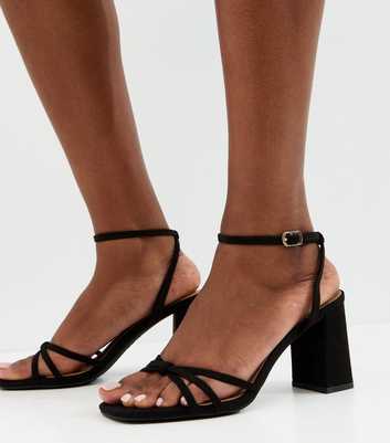 Black Faux Suede Knot Strap Block Heel Sandals