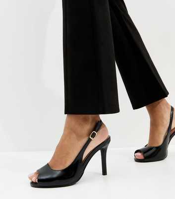 Black Faux Leather Patent Peep Toe Slingback Court Shoes