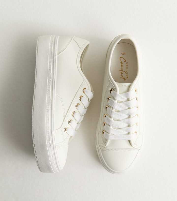White Faux Leather Flatform Trainers