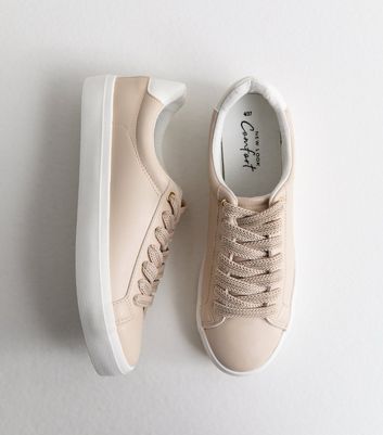 Light Pink Faux Leather Metallic Lace Up Trainers