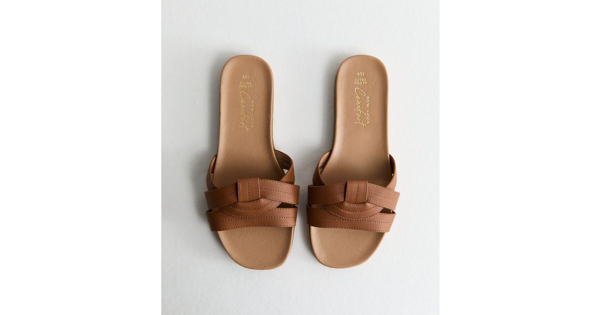 Extra Wide Fit Tan Interwoven Strap Faux Leather Mules | New Look