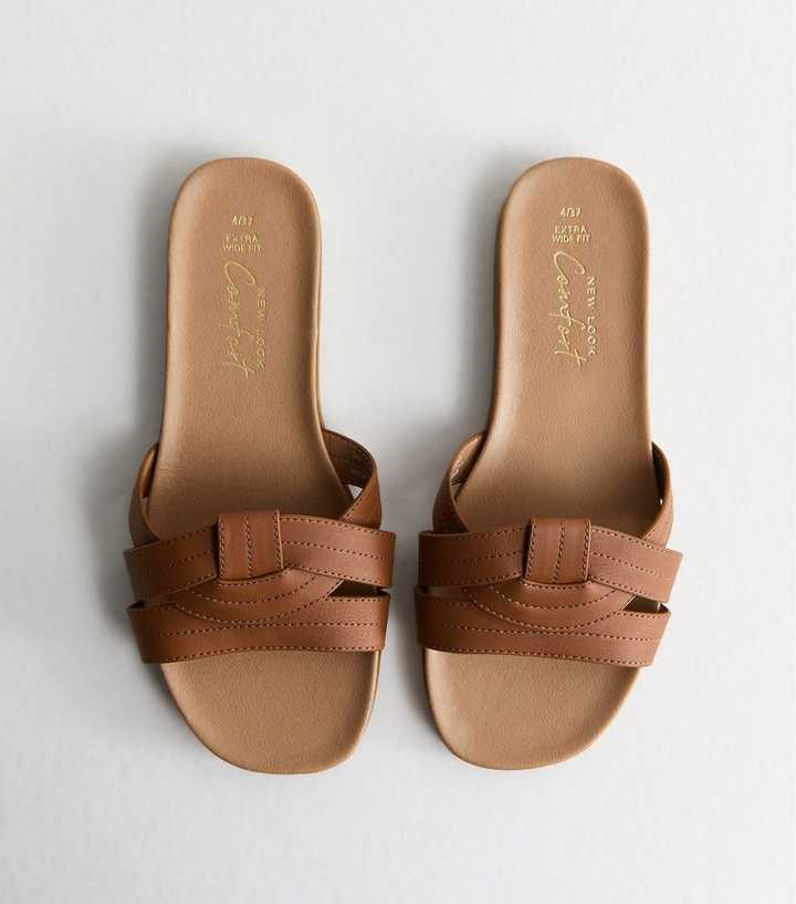 Extra Wide Fit Tan Interwoven Strap Faux Leather Mules