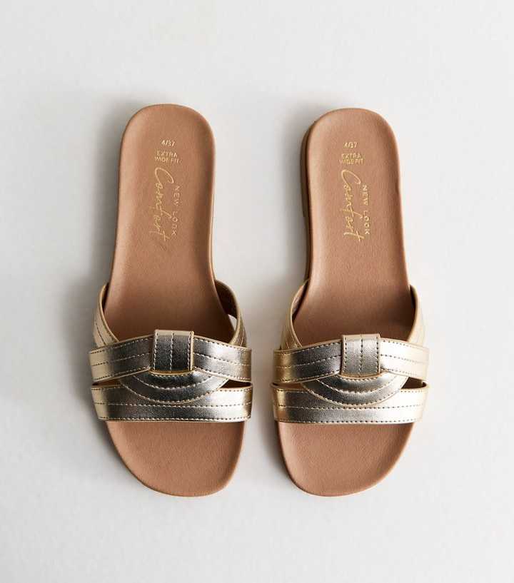 Extra Wide Fit Gold Interwoven Strap Faux Leather Mules