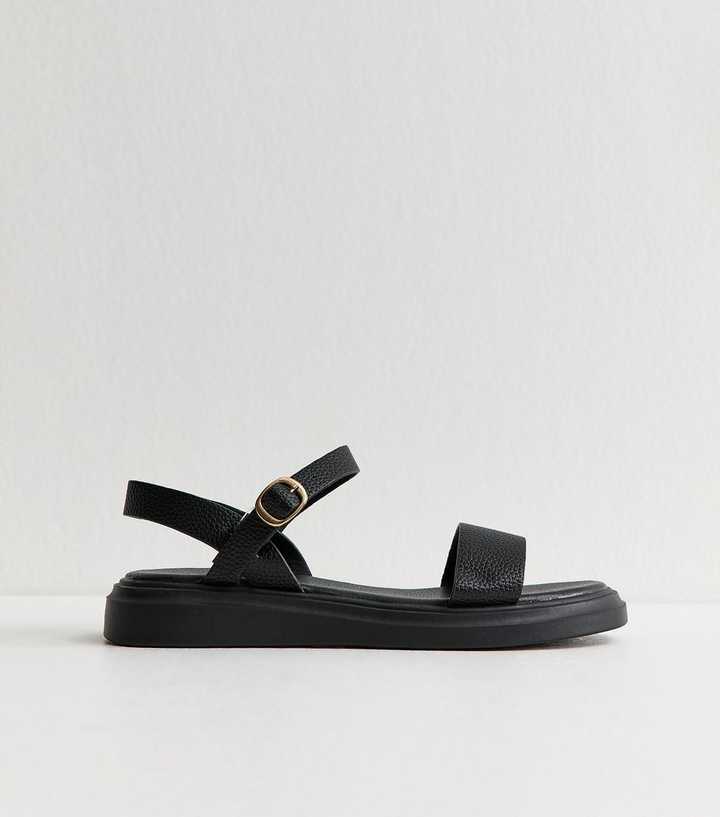Wide Fit Black Faux Leather Flat Buckled Sandals