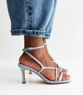 Light Blue Faux Leather Square Toe Stiletto Sandals