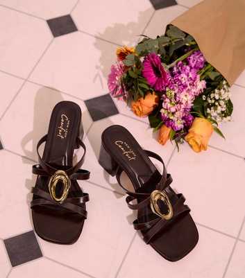 Dark Brown Faux Leather Heeled Mule Sandals
