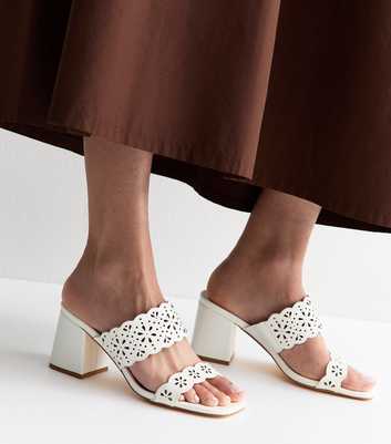 Wide Fit White Faux Leather Cut Out Block Heel Mules