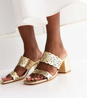 Wide Fit Gold Faux Leather Cut Out Block Heel Mules
