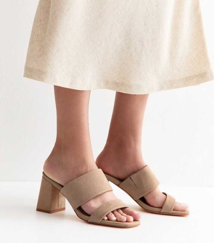 Wide Fit Faux Suede Light Brown Block Heel Mules