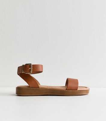 Tan Faux Leather Wide Strap Sandals