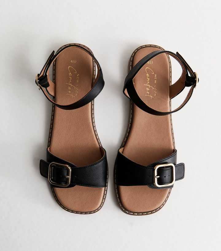 Black Buckled Strap Faux Leather Sandals