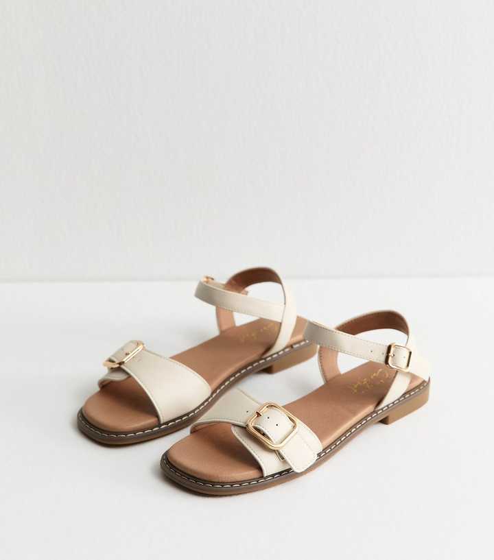 White Buckled Strap Faux Leather Sandals