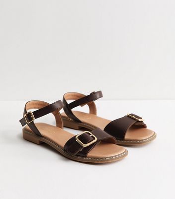 Brown Buckled Strap Faux Leather Sandals