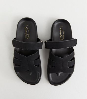 Black Faux Suede Chunky Interwoven Strap Flat Sandals