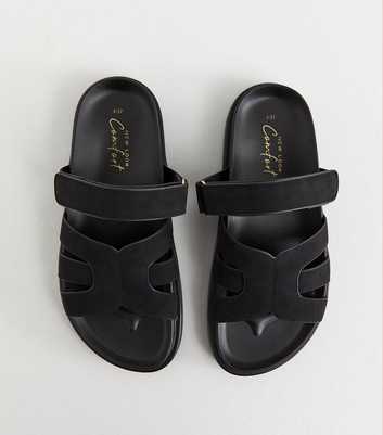 Black Faux Suede Chunky Interwoven Strap Flat Sandals