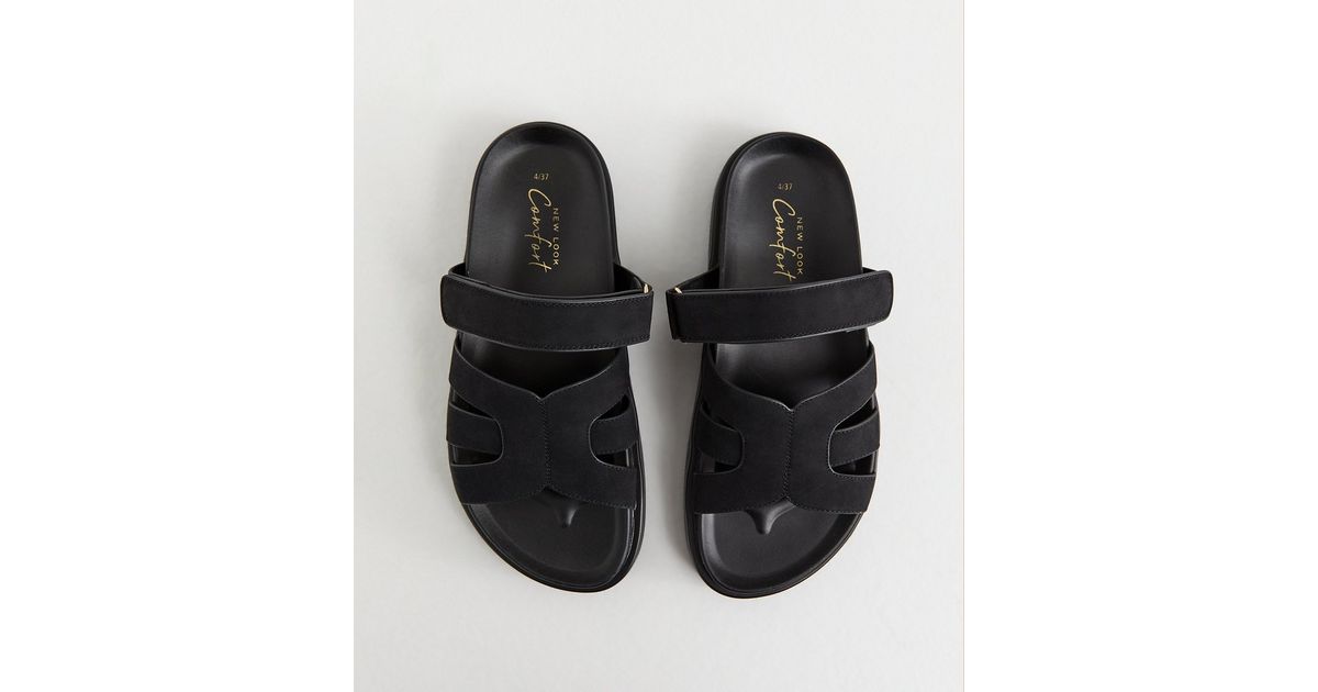 Black Faux Suede Chunky Interwoven Strap Flat Sandals | New Look