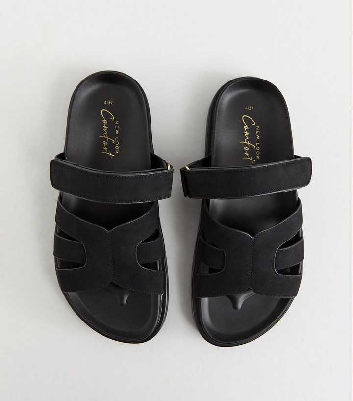 Black Faux Suede Chunky Interwoven Strap Flat Sandals