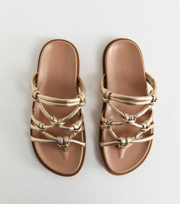 Gold Faux Leather Interwoven Slim Sole Sandals